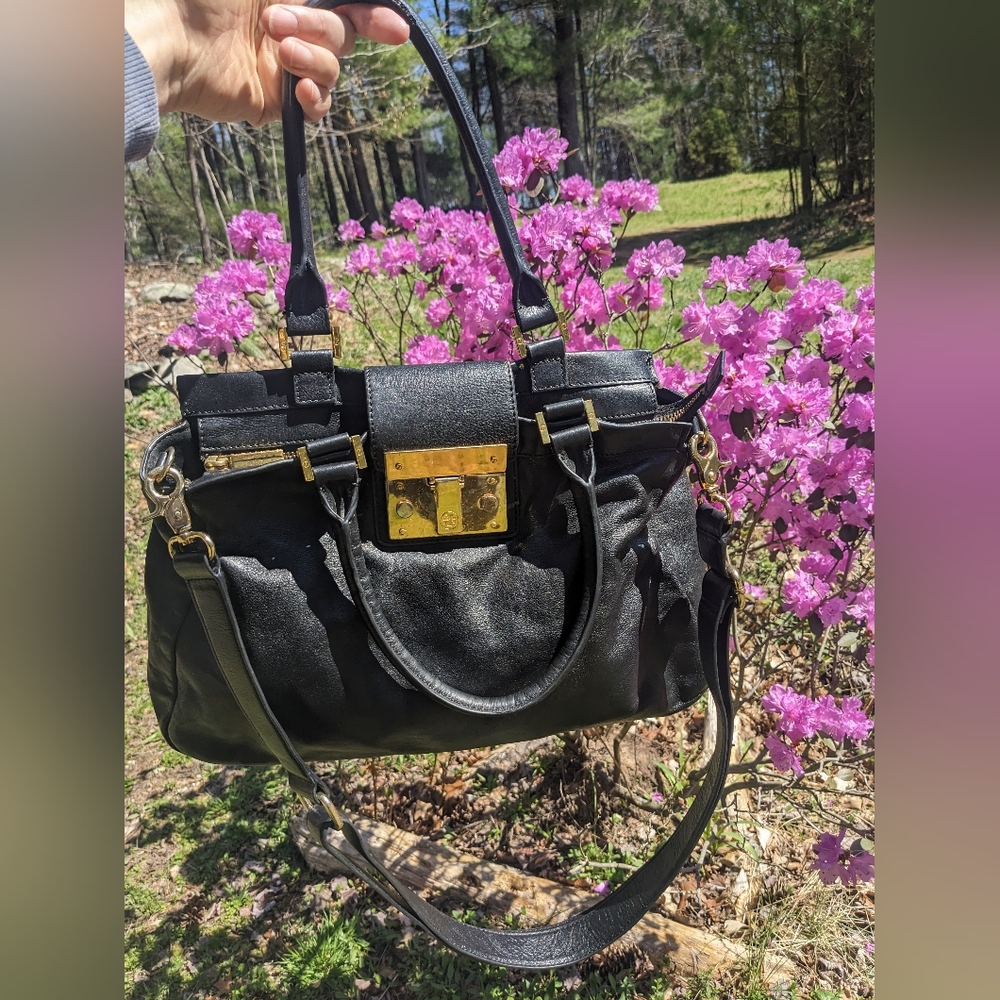 Tory Burch Black Leather Holland Satchel Shoulder Bag w/ Adjustable Strap